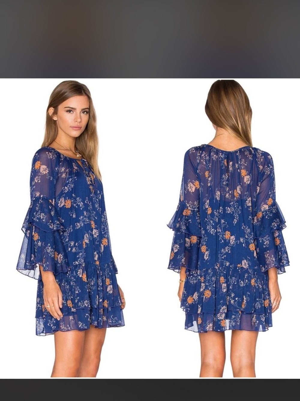Free People Navy Floral Tiered Bell-Sleeve Dress